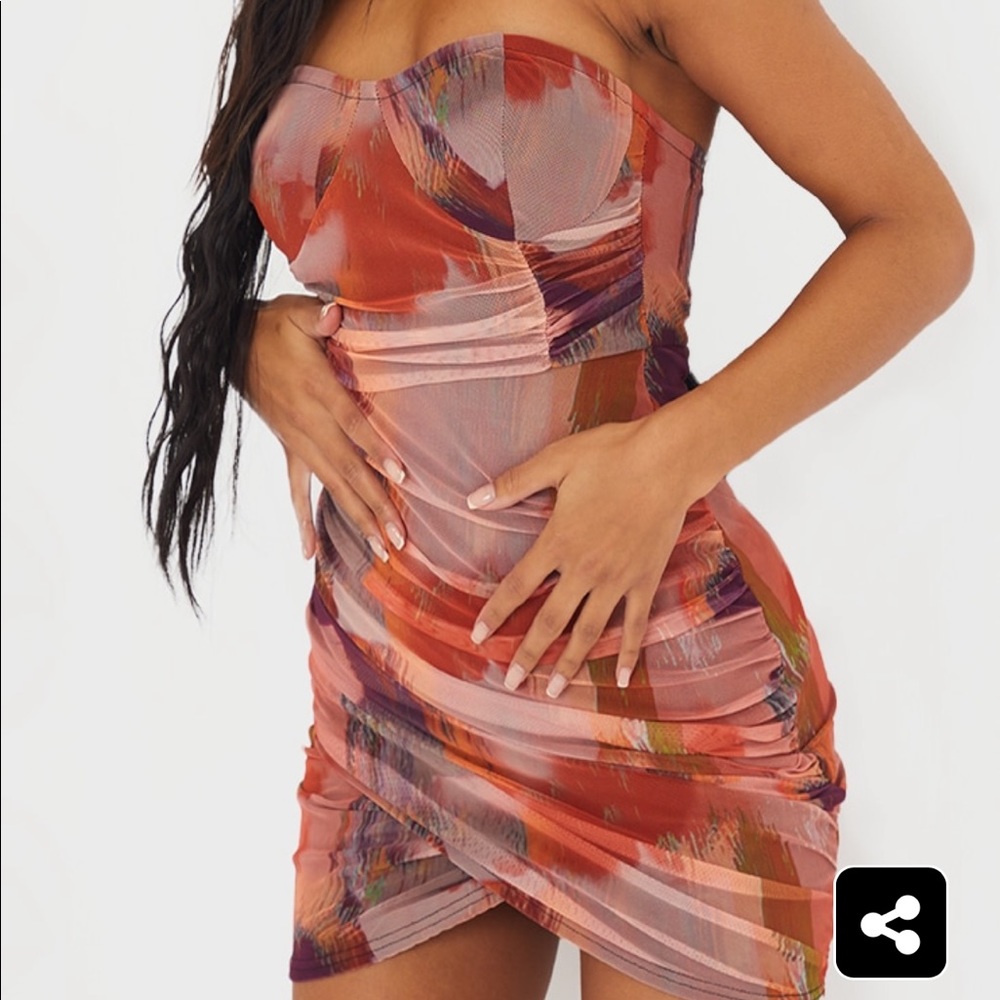 orange abstract print bandeau ruched bodycon dress
